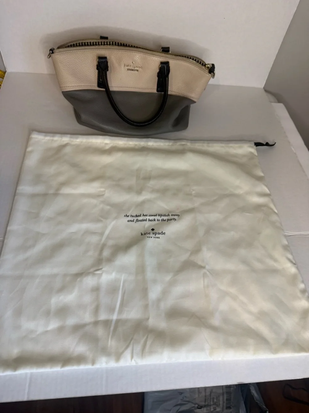 kate spade‎ Two-Tone Pebbled Leather Satchel in Cream, Gray and Black